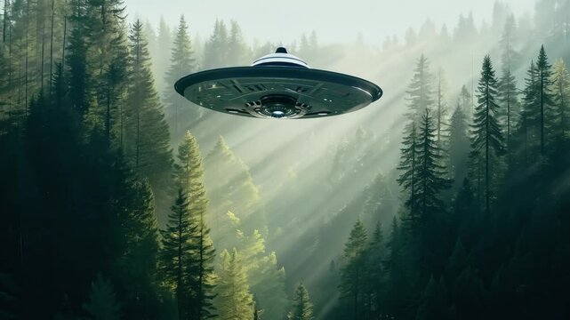 UFO hovering above a dense forest with sunlight filtering through the trees, creating a dappled light effect on the ground