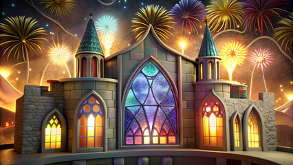 Obraz premium Illuminated castle with colorful fireworks in magical night scene