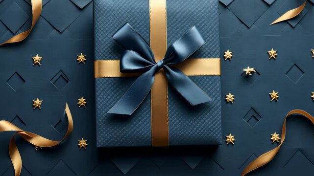 A navy blue gift box with a gold ribbon and bow sits on a dark blue background with gold stars