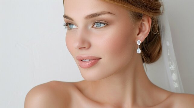Side profile of a woman with blonde hair, blue eyes, soft natural makeup, glowing skin, pearl earrings, white veil, minimalistic bridal look, beauty focus, copy space for text.

