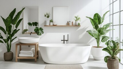 Fototapeta premium White wall, minimalist bathroom style and interior décor for residences, hotels, and workplaces