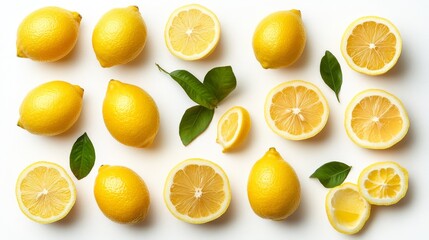 Fototapeta premium Collection of whole lemons and lemon slices, isolated on a white background, emphasizing their zesty texture