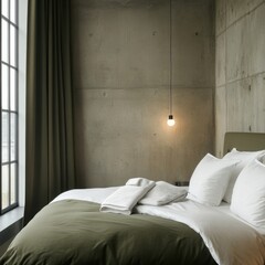 a bed with a green comforter and white sheets