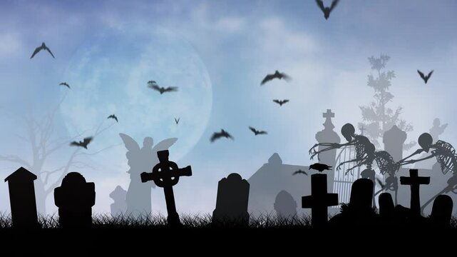 Skeletons Walking in the Moonlight Silhouette 4K Loop features silhouettes of a cemetery with bats hovering, a full moon, and skeletons walking across the scene in a loop.