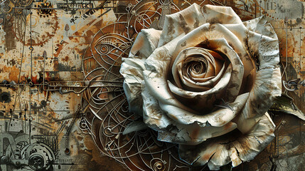 floral, vintage background, peony, flower, products, engineer, generative, artificial intelligence, steampunk, background, clockwork, brooch, rose, flower, love, nature, pink, decoration, bouquet, ros