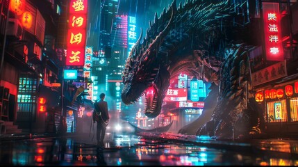 Dramatic fantasy scene with a cyberpunk warrior clashing with a colossal cyborg beast in a high-tech Japanese cityscape