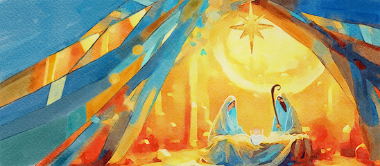 A Serene Nativity Scene Depicting the Birth of Jesus in Bethlehem Under a Radiant Star, watercolor card