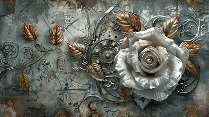 floral, vintage background, peony, flower, products, engineer, generative, artificial intelligence, steampunk, background, clockwork, brooch, rose, flower, love, nature, pink, decoration, bouquet, ros