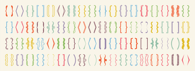 Shaded text brackets, colorful quotation box. Curly, square and corner parentheses. Vintage typographical symbol, calligraphic quote frame. Doodle, lettering element. Vector illustration