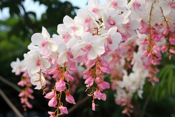 Obraz premium The vibrant white and pink blooms of cassia javanica cascade beautifully adding charm to the garden with their delicate appearance in the sunlight