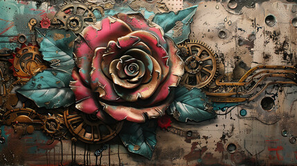 floral, vintage background, peony, flower, products, engineer, generative, artificial intelligence, steampunk, background, clockwork, brooch, rose, flower, love, nature, pink, decoration, bouquet, ros