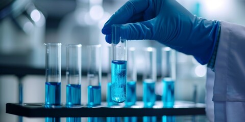 Blue flask bottle in hand in blue gloves, close-up, macro. Photo in modern laboratory