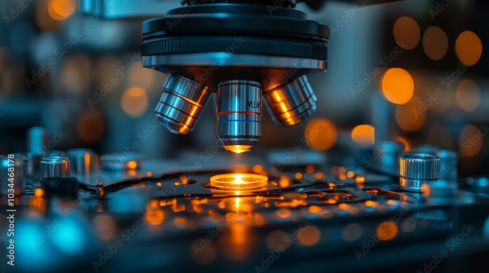 Poster A scientist is focused on examining a specimen through a high-powered microscope in a lab, illuminated by warm lights during the evening.
