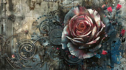 floral, vintage background, peony, flower, products, engineer, generative, artificial intelligence, steampunk, background, clockwork, brooch, rose, flower, love, nature, pink, decoration, bouquet, ros