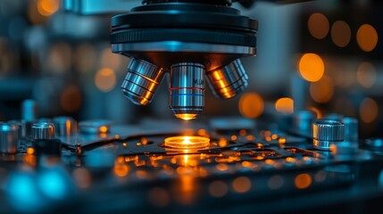 A scientist is focused on examining a specimen through a high-powered microscope in a lab, illuminated by warm lights during the evening.