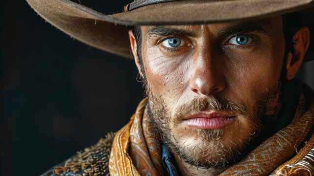 A cowboy stares intently into the camera, his blue eyes piercing through the brim of his hat