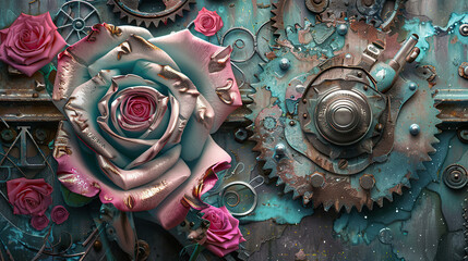 floral, vintage background, peony, flower, products, engineer, generative, artificial intelligence, steampunk, background, clockwork, brooch, rose, flower, love, nature, pink, decoration, bouquet, ros