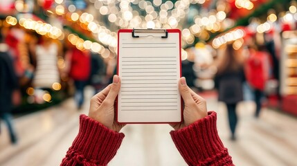 Hands holding holiday shopping checklist in bustling Christmas market, festive season preparations