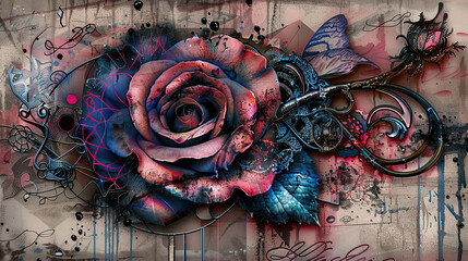 floral, vintage background, peony, flower, products, engineer, generative, artificial intelligence, steampunk, background, clockwork, brooch, rose, flower, love, nature, pink, decoration, bouquet, ros