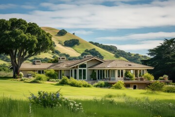 Peaceful residences are surrounded by vibrant green hills creating a serene atmosphere ideal for relaxation and enjoying natures beauty