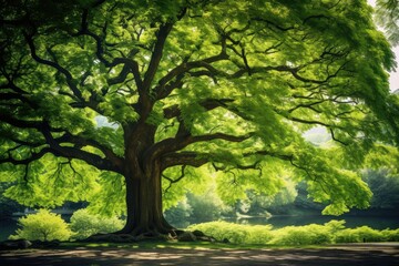 A peaceful park features a large lush green tree providing shade. Sunlight filters through the leaves creating a calm atmosphere for relaxation