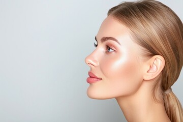 Obraz premium Side profile of a woman with tied-back blonde hair, glowing skin, and natural makeup, light gray background, minimalistic, beauty shot, perfect for skincare or cosmetic ads.