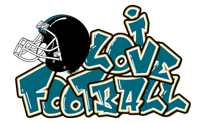 I Love Football - grey, black and gold football player helmet, sport vector graphics for street art - graffiti lettering typography - art illustration - multicolor - writen Word -	

	
