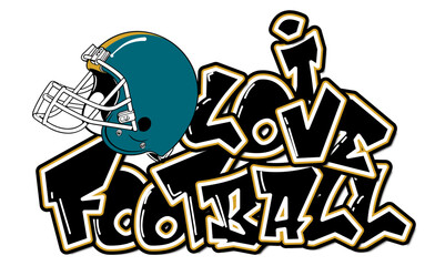 I Love Football - grey, black and gold football player helmet, sport vector graphics for street art - graffiti lettering typography - art illustration - multicolor - writen Word -	

	
