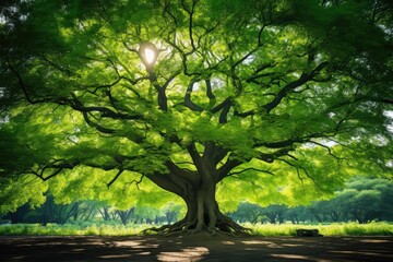 A grand tree stands in the midst of a tranquil green park its lush leaves illuminated by sunlight creating a serene atmosphere for visitors to enjoy