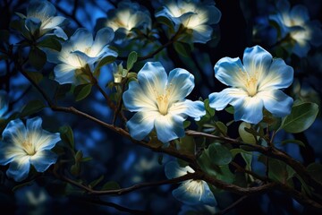 Delicate night jasmine flowers radiate a soft glow in a tranquil garden their enchanting fragrance filling the air during a peaceful evening