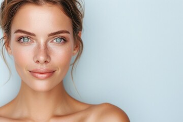 Fototapeta premium Close-up of a woman with glowing skin, natural makeup, and blue eyes, hair tied back, posed against a light blue background, minimalist, beauty shot, ideal for skincare advertising.