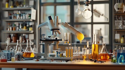 scientific experiments, Laboratory equipment and test tubes- science concept. 