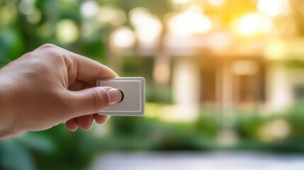 Hand holding a remote control against a blurred sunny background, AI