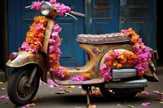 Colorful flowers cover a scooty parked in a quaint alley showcasing local artistry and the joyful spirit of celebration in the surroundings
