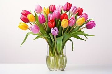 A stunning display of tulip flowers in various colors fills a glass vase creating a cheerful and inviting atmosphere perfect for spring celebrations
