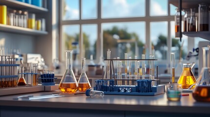 scientific experiments, Laboratory equipment and test tubes- science concept. 