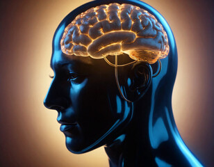 Obraz premium Hologram of the human head. A brain with a microchip inside is visible.