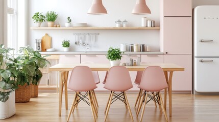 Empty dining table with chairs in a modern kitchen, pastel color scheme, clean and minimalistic decor, spacious and bright