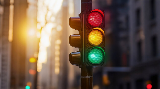 A tricolor traffic light with vertical alignment of red, yellow, and green colors, used to regulate traffic and determine right of way at intersections.