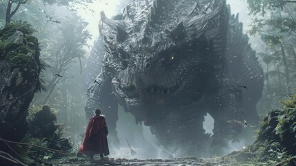 Epic fantasy setting with a brave warrior facing a colossal scaled creature in a dense, misty forest