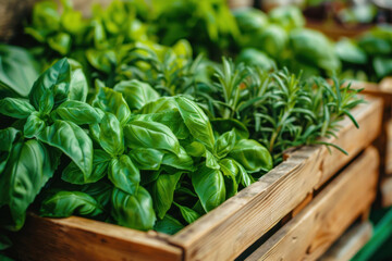 Fresh herbs basil and rosemary in a wooden box on a farm green market.