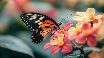 Fototapeta premium Vibrant butterfly resting on colorful flowers in a garden setting.