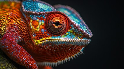 Obraz premium Colorful chameleon close-up, showcasing vibrant scales and unique textures.