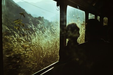 Figures in silhouette enjoying a scenic train journey through the rugged mountains, the clickety-clack of the tracks adding a soothing rhythm to the journey.