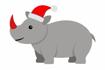Vector color set of rhinos in Santa Claus hats isolated on white background, grey rhinoceroses , christmas vector elements for T-shirt design.