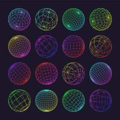 Neon wireframe shapes, lined sphere. Perspective mesh, 3d grid. Low poly geometric elements. Retro futuristic design elements, y2k, vaporwave and synthwave style. Vector illustration
