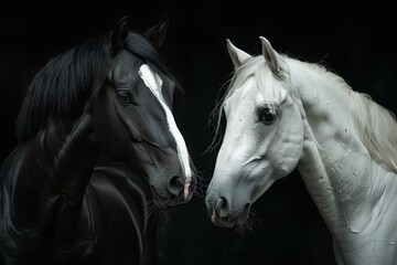 A couple of horses standing next to each other