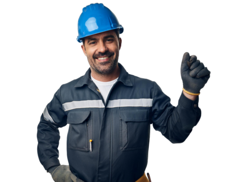 Smiling construction worker with blue hard hat on transparent background