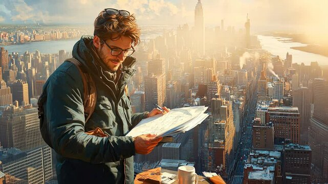 A traveler examines maps while overlooking New York City, basking in the early morning light with the skyline in the background