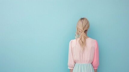 Obraz premium Blonde Woman with Ponytail, Pastel Pink and Blue Outfit, Turquoise Background, Minimalist Style, Clear Skin, Elegant Back View, Casual Fashion, Copyspace for Text